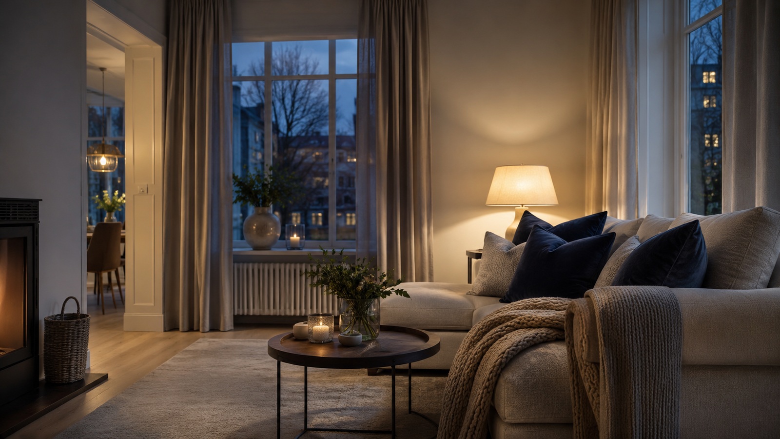 Hyggelig stue med gardiner i aftenlys